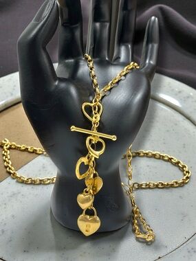 Estate 14k Yellow Gold Multi-HEARTS Toggle Rolo Link 18” Chain Dangle Necklace!